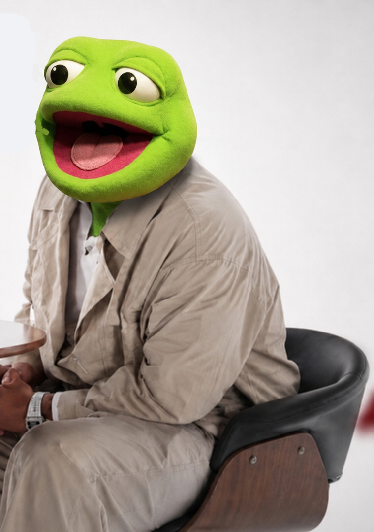 Close view of the toad in a trench coat, hands folded, frozen by the request